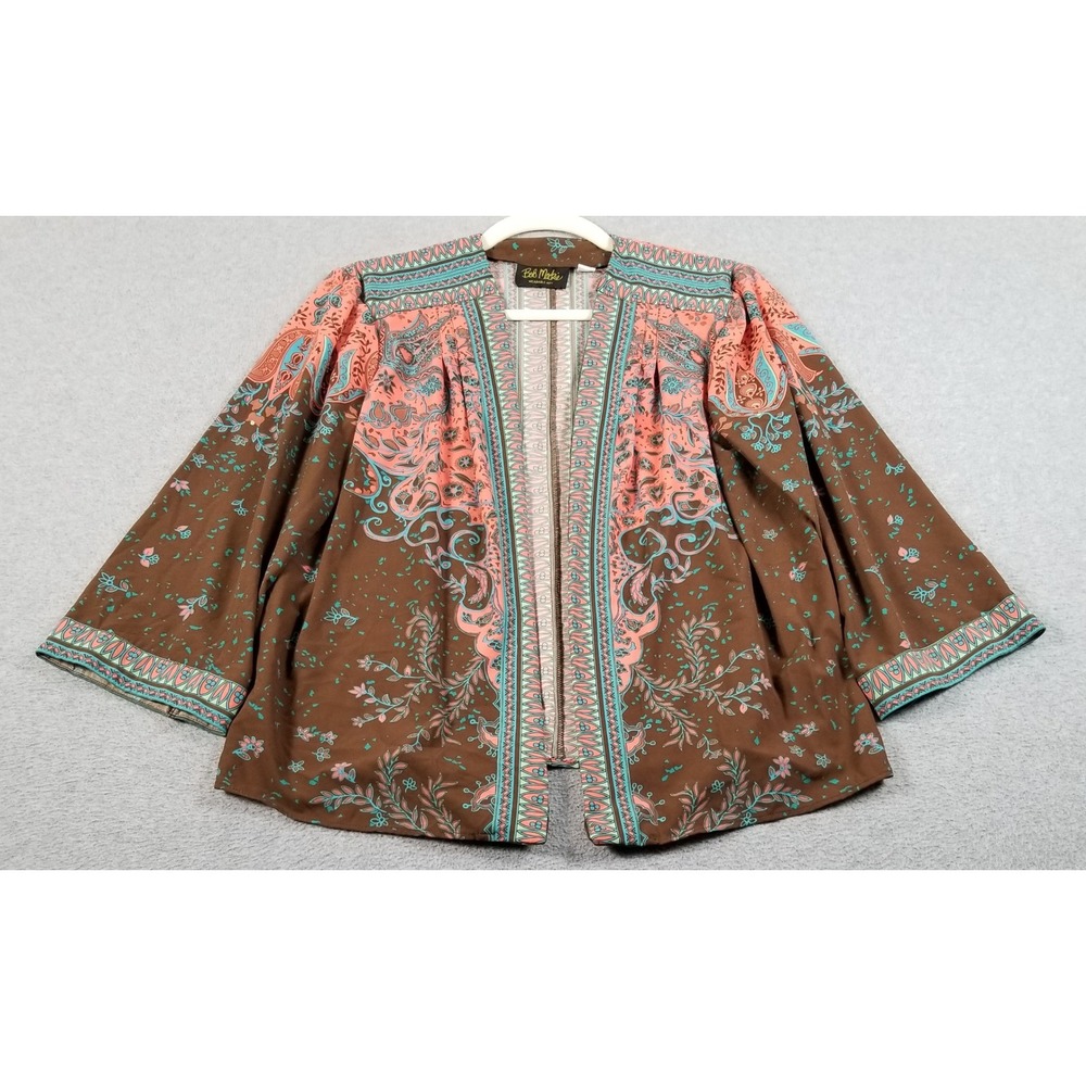 Bob Mackie Cardigan Womens‎ M Medium Brown Pink Paisley Wearable Art Open Front